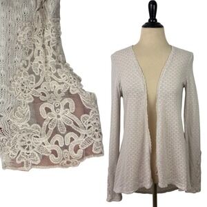 Crochet Lace Asymmetrical CARDIGAN SWEATER Medium Dainty Fairy Cottage Long